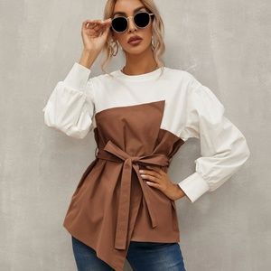 Layered Faux Belted Corset White Shirt Brown Detail Long Bishop Sleeves